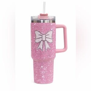 Gorgeous  40oz Pink Rhinestone Tumbler Bling Bow Handle Cup Straw Hot Cold 12hr